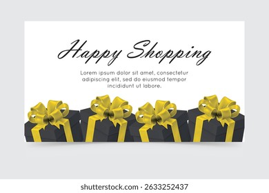 Shopping card with gold and black gift boxes arranged in a row with bow