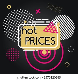 Shopping card with hot price tag and pattern on black color. Retail poster with special promotion icon and geometric symbols. Creative store advertising logotype with colorful objects banner vector