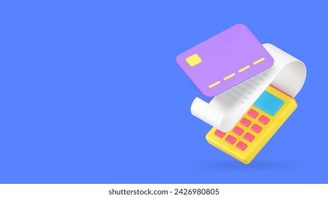 Shopping card payment success banking transaction banner with copy space 3d icon realistic vector illustration. Digital e money POS terminal approved paying with bill receipt financial transfer