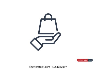 Shopping Care Icon Line. Shopping Bag with Hand isolated on White Background. Flat Vector Icon Design Template Element usable for Online Store Resources.