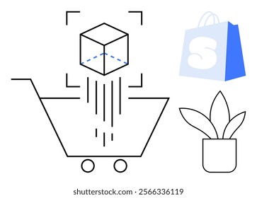 A shopping cart with a 3D cube, a blue and white shopping bag, and a plant. Ideal for e-commerce, online shopping, 3D product visualization, retail technology, and digital marketing. Line art style