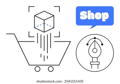 Shopping cart with a 3D cube, pen tool symbol, and shop speech bubble in a minimalistic style. Ideal for e-commerce, technology, design, digital marketing, graphic design, and online shopping themes