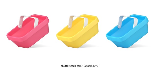 Shopping cart 3d icon empty plastic container with handle for goods purchasing carrying set realistic vector illustration. Store shop purchase commercial marketing retail grocery product delivery