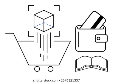 Shopping cart with 3D object, wallet holding credit card, open book. Ideal for e-commerce, online purchasing, 3D modeling, finance, education digital stores technology. Line metaphor