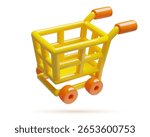 Shopping cart 3d vector illustration isolated on white background. Empty yellow customer supermarket trolley icon in a cute minimal style.