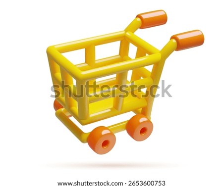Shopping cart 3d vector illustration isolated on white background. Empty yellow customer supermarket trolley icon in a cute minimal style.