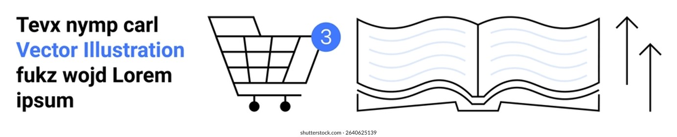 Shopping cart with 3-item notification, open book icon, and upward arrows. Ideal for e-learning, online shopping, growth, education, notifications, content management, e-commerce. Landing page