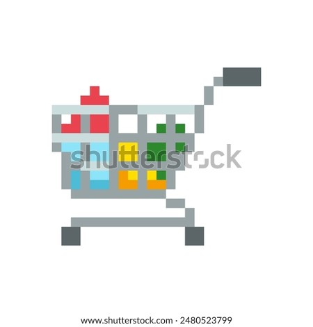 Shopping cart 8 bit icon, Shopping cart pixel item for game interface, Shopping cart game element resource.