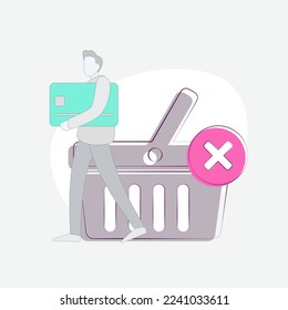 Shopping Cart Abandonment Ecommerce concept. A potential customer holds a bank card under his arm and leaves without making or completing a purchase