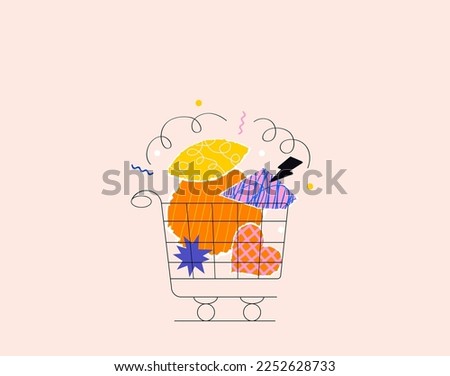 Shopping cart with abstract shapes and elements on pink background. Vector illustration
