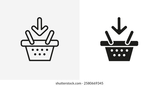 Shopping cart add icon. Online store and product purchase vector illustration. Basket with an arrow indicating adding items. Retail and e-commerce concept.
