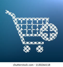 Shopping Cart with add Mark sign. Vector. White textured icon at lapis lazuli gradient background.