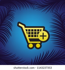 Shopping Cart with add Mark sign. Vector. Golden icon with black contour at blue background with branches of palm trees.