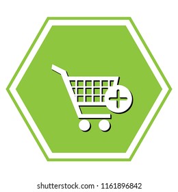 Shopping Cart with add Mark sign. Vector. White icon with black shadow at yellow green honeycomb on white background.