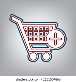 Shopping Cart with add Mark sign. Vector. Dark red, transparent and midnight green stroke of white icon at grayish background.