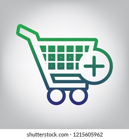 Shopping Cart with add Mark sign. Vector. Green to blue gradient contour icon at grayish background with light in center.