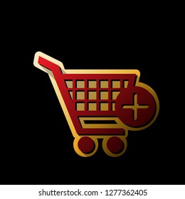 Shopping Cart with add Mark sign. Vector. Red icon with small black and limitless shadows at golden sticker on black background.