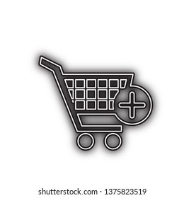Shopping Cart with add Mark sign. Vector. Double contour black icon with soft shadow at white background. Isolated.