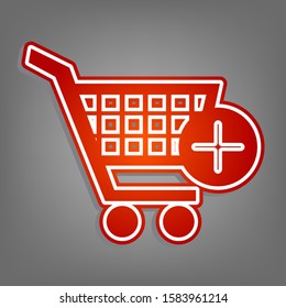 Shopping Cart with add Mark sign. Flat red icon with linear white icon with gray shadow at grayish background. Illustration.