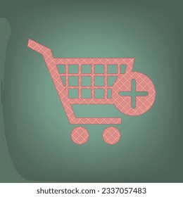 Shopping Cart with add Mark sign. Apricot Icon with Brick Red parquet floor graphic pattern on a Ebony background. Feldgrau. Green. Illustration.