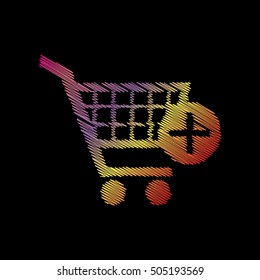 Shopping Cart with add Mark sign. Coloful chalk effect on black backgound.