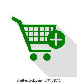 Shopping Cart with add Mark sign. Green icon with flat style shadow path.