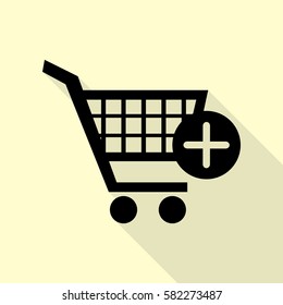 Shopping Cart with add Mark sign. Black icon with flat style shadow path on cream background.
