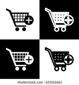 Shopping Cart with add Mark sign. Vector. Black and white icons and line icon on chess board.