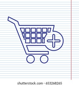 Shopping Cart with add Mark sign. Vector. Navy line icon on notebook paper as background with red line for field.