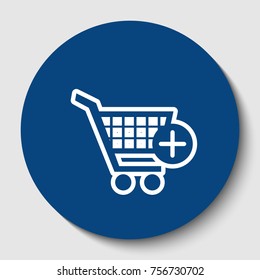 Shopping Cart with add Mark sign. Vector. White contour icon in dark cerulean circle at white background. Isolated.