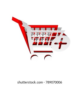 Shopping Cart with add Mark sign. Vector. Detachable paper icon with red body stock. Isolated.