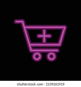 Shopping cart, add simple icon vector. Flat design. Purple neon style on black background.ai