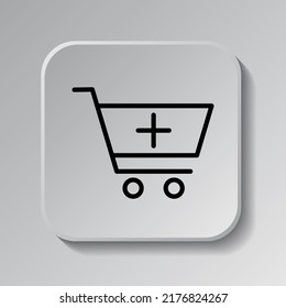 Shopping cart, add simple icon vector. Flat design. Black icon on square button with shadow. Grey background.ai