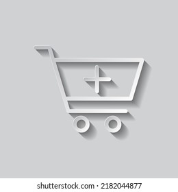 Shopping cart, add simple icon vector. Flat design. Paper style with shadow. Gray background.ai