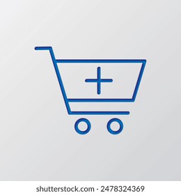 Shopping cart, add simple icon vector. Flat design. Paper cut design. Cutted blue symbol with shadow. Gray background.ai