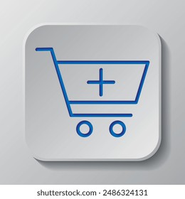 Shopping cart, add simple icon vector. Flat design. Paper cut design. Cutted blue symbol with shadow. Gray badge button, gray background.ai