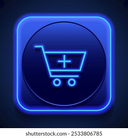 Carrinho de compras, adicionar simples ícone vetor. Design plano. Estilo de néon azul no botão. Com shadow.ai