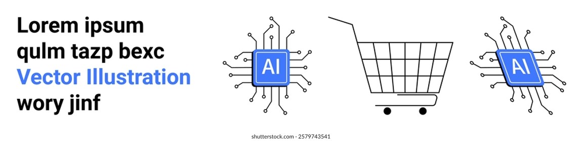 Shopping cart with AI microchips symbolizing the integration of artificial intelligence in e-commerce. Ideal for e-commerce, technology, AI, shopping innovations, digital transformation. Banner