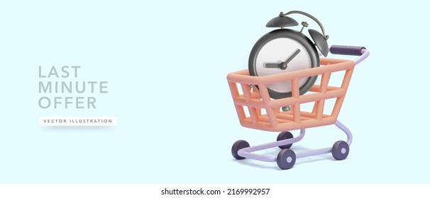 Shopping cart with alarm clock inside in 3d realistic style. Vector illustration