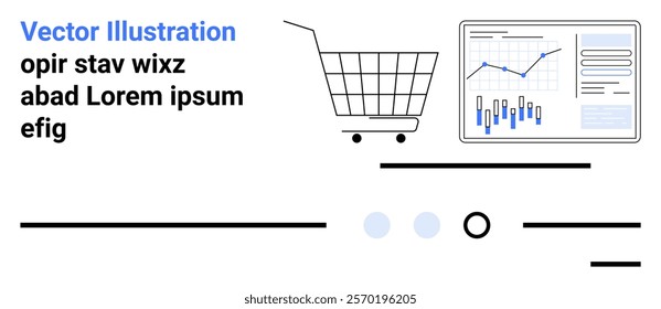Shopping cart alongside an analytics dashboard with graphs and charts. Ideal for e-commerce, data analysis, business strategy, market research, digital marketing. Banner for landing page