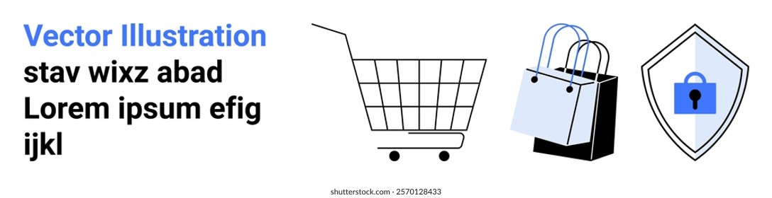 Shopping cart alongside shopping bags and a security shield with a lock symbol. Ideal for themes like online shopping e-commerce secure payment retail and cybersecurity. Banner for landing page