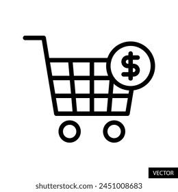 Shopping cart with American dollar sign, shopping trolley and USD symbol vector icon in line style design for website, app, UI, isolated on white background. Editable stroke. EPS10 vector illustration