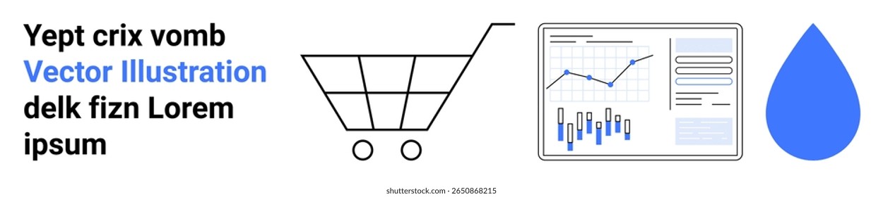 Carrinho de compras, painel de análise com gráficos e uma gota de água azul. Ideal para e-commerce, análise de dados, tendências de compras, negócios on-line, estatísticas, pesquisa de mercado e análise da Web
