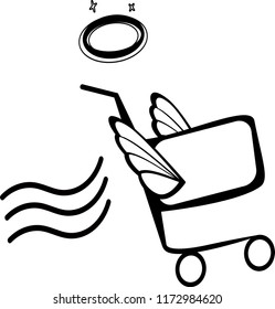 Shopping cart with angel wings, discount labels, fast moving, commercial service, discount, simple cartoon vector, shopping services