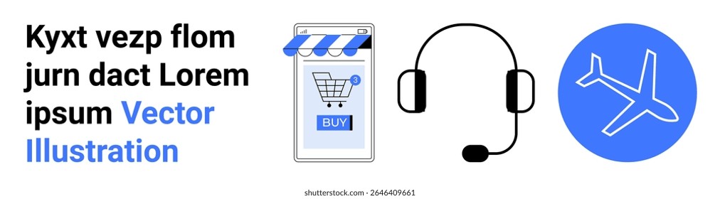 Shopping cart app, headset, airplane icon, generic text. Ideal for e-commerce, customer support, travel booking, tech support, online services, global business, digital marketing. Landing page