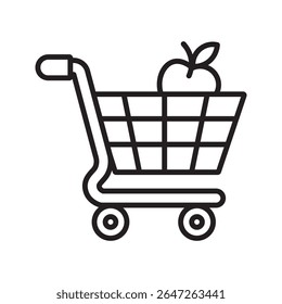 Shopping Cart with Apple Black Line Icon fruit grocery