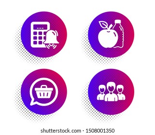 Shopping cart, Apple and Calculator alarm icons simple set. Halftone dots button. Group sign. Dreaming of gift, Diet food, Accounting. Group of people. Business set. Vector