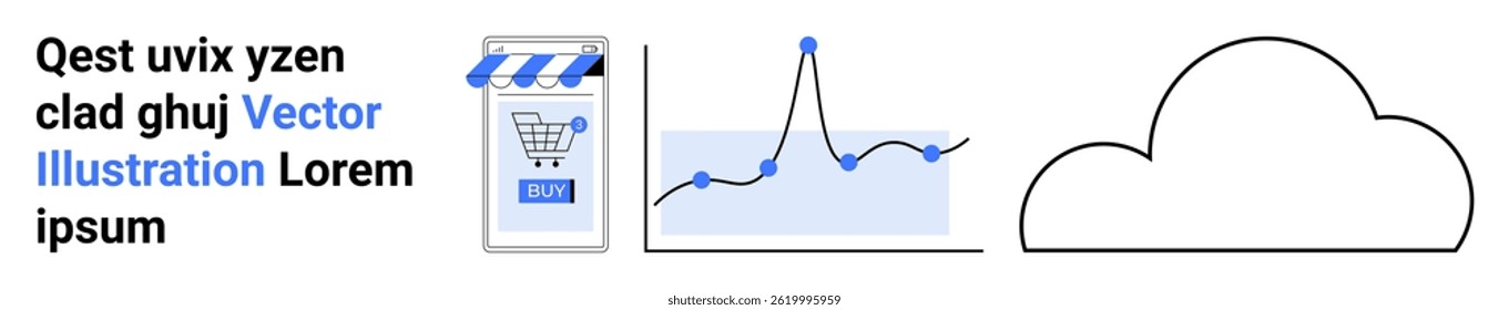 Shopping cart application, line graph with data points, and cloud outline. Ideal for online retail, market analysis, cloud storage, internet services, business reports, data visualization, tech