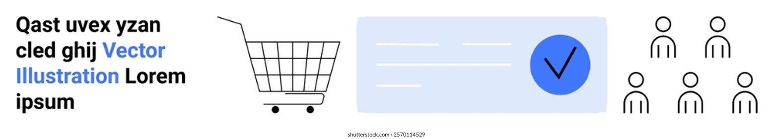 Shopping cart and approval badge near abstract group of people and dummy text. Ideal for e-commerce, verification, social connections, marketing, and online services. Banner for landing page