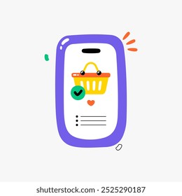 Shopping cart approval on smartphone in flat vector illustration symbolizing e commerce, digital transactions, and online shopping, isolated on white background